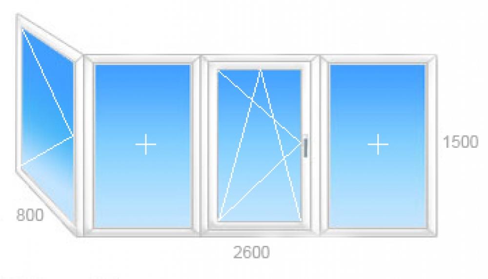 Г-образный балкон: центральная трехстворчатая часть с одним поворотно-откидной створкой и поворотным боковым окном 800 х 2600 h=1500