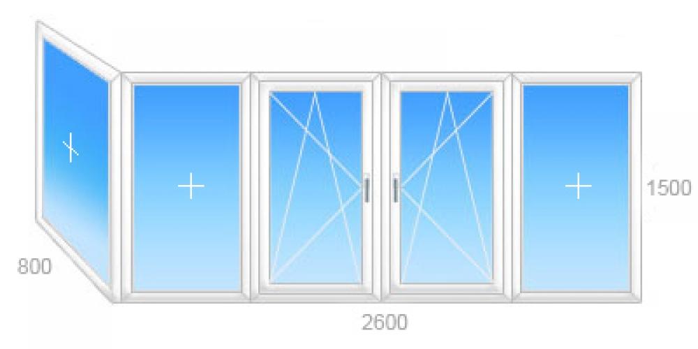 Г-образный балкон: центральная четырехстворчатая часть с двумя поворотно-откидными створками, боковое окно глухое 800 х 2600 h=1500
