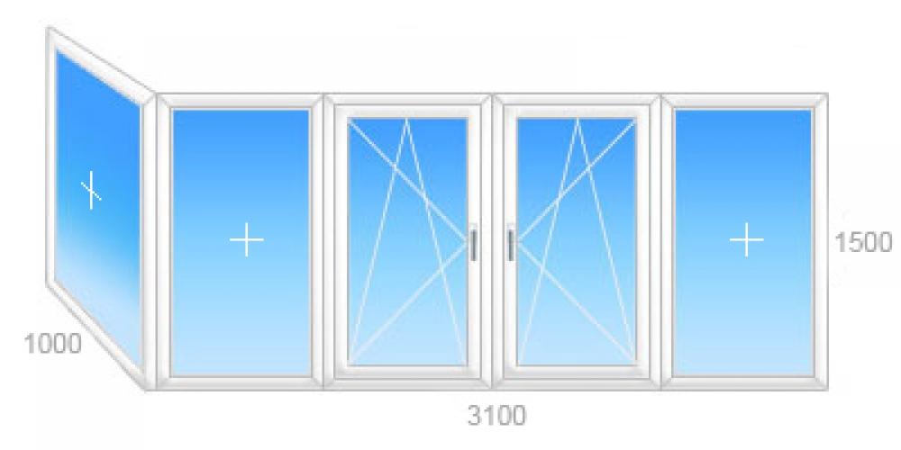 Г-образный балкон: центральная четырехстворчатая часть с двумя поворотно-откидными створками, боковое окно глухое 1100 х 3100 h=1500